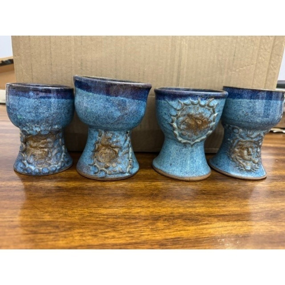 Studio Pottery Celestial Chalice Set 4pc Sun Moon Medusa Blue Glaze Goblets